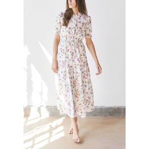 Christy Dawn The Elle Midi Floral Short-Sleeve Dress in Alabaster Garden Silk